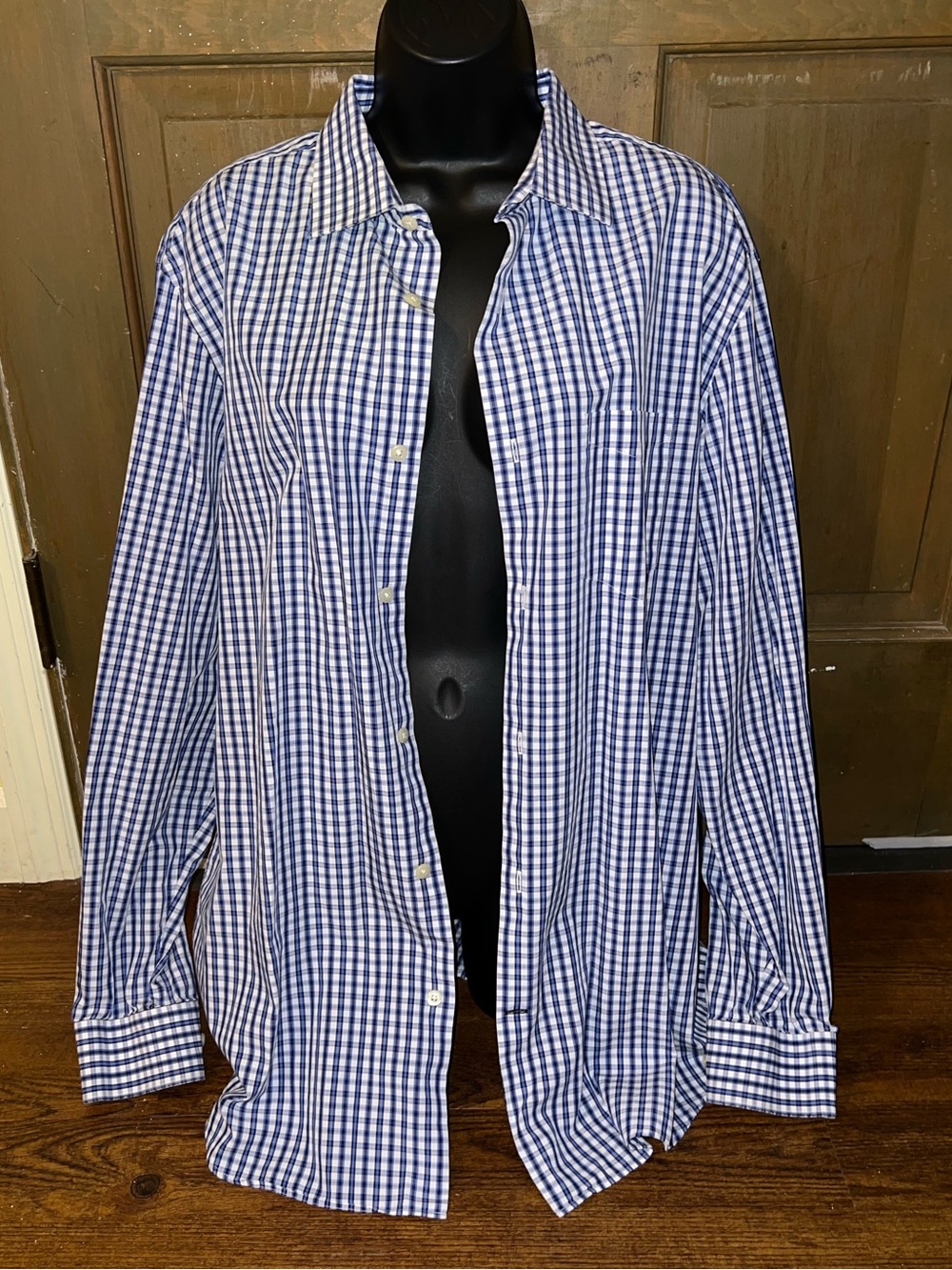 Banana Republic Gingham Classic Blue White Stripe Button Up Shirt Size 17-17.5 - Picture 2 of 8